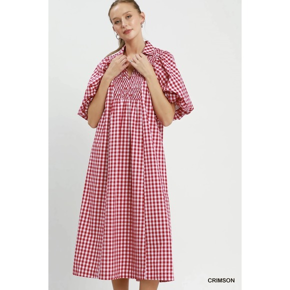 Umgee Dresses & Skirts - Umgee Puff Sleeve Plaid Midi Dress - Crimson - Small